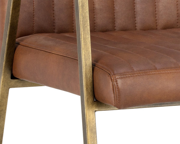 Sunpan Homer Dining Armchair - Stylish Industrial Design with Antique Brass Frame and Bold Channel Stitching Bravo Cognac