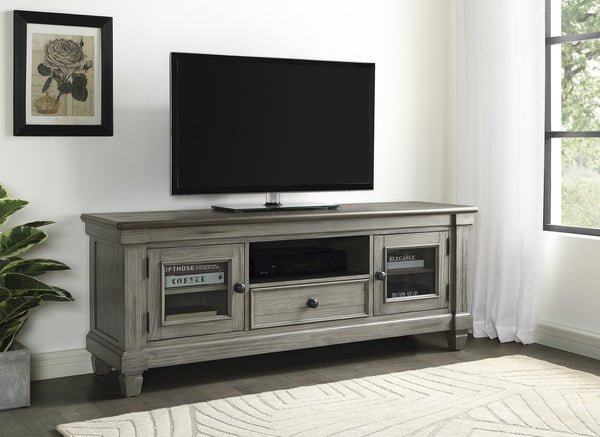 English Elm 1pc TV Stand Granby Collection 64" Two-Tone Wood Media Console with Glass Doors, Drawers & Shelves Antique Gray,Coffee 67 L x 21 W x 24 H B011P289728