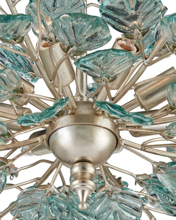 Currey & Company Baobab Medium Silver Chandelier - Elegant Biophilic Design With Recycled Glass Leaves & Dimmable Light Blue Recycled Glass ,Wrought Iron 9000-1293-currey-company