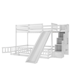 English Elm Twin Over Full Bunk Bed Solid Pine Frame with Built-in Slide and Storage Staircase White W504S00290