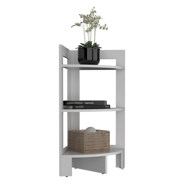 English Elm Riga Corner 3-Tier Shelf Side Table with Tray Top, Compact Versatile End Table for Small Spaces White 34.3 L x 17 W x 2.8 H B200P235865