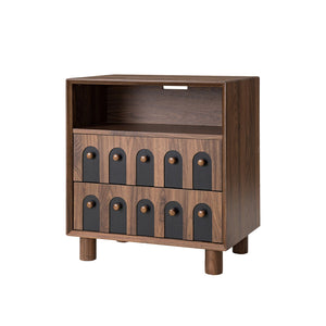 English Elm 26" Mid-century Nightstand with Charging Station Mirrored Drawers and Wood Legs W3417P388714