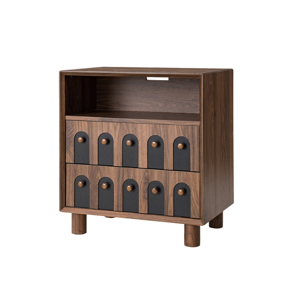 English Elm 26" Mid-century Nightstand with Charging Station Mirrored Drawers and Wood Legs W3417P388714