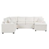 English Elm 112.2" Sectional Sofa Pull-Out Sofa Bed Sleeper With A Storage Ottoman,Three Pillows and Charging Devices For Living Room, Cream