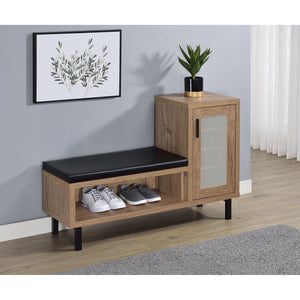 English Elm Stagg Oak Finish Entryway Bench with Cane Door Panel and Four Tier Shoe Storage B062P451791