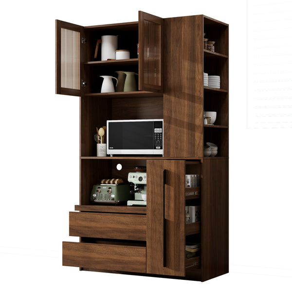 English Elm 70.87" Tall Kitchen Pantry Cabinet – Multi-Functional Storage With Glass Door, Drawers & Microwave Stand W331S00197