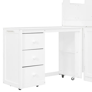 English Elm Twin House Loft Bed with Pull Out Rolling Desk Stair Drawers and Cabinet Storage White N820S00072K