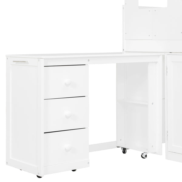 English Elm Twin House Loft Bed with Pull Out Rolling Desk Stair Drawers and Cabinet Storage White N820S00072K