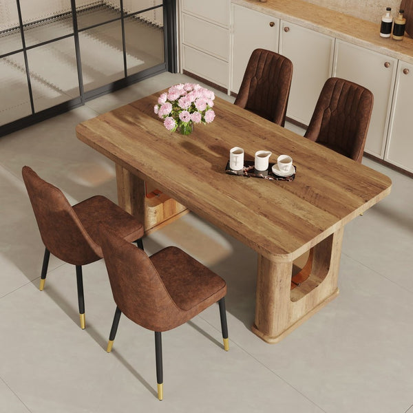 English Elm Table Set: Stylish 64.5" Wood-Textured Dining Table With 4 Brown Techno-Fabric Chairs For Modern Homes W1151S03576-GIGA