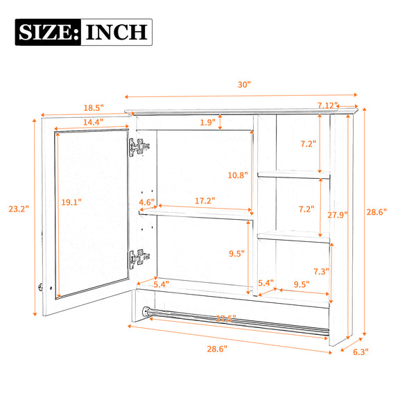English Elm 30 Inch Wall Mount Mirror Cabinet Mdf Storage with Soft Close Hinges Bathroom Vanity White N710P186086K