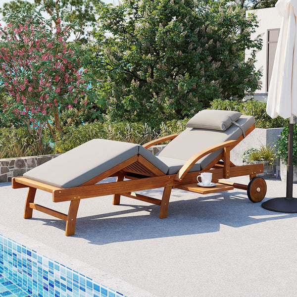 English Elm U_style Acacia Wood Outdoor Chaise Lounger with Reclining Backrest Cushions and Side Tray Gray N711P415859E
