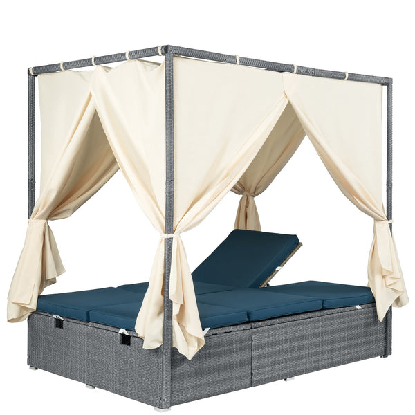 English Elm U_style Outdoor Rattan Steel Chaise Lounge with Shade Canopy and Reclining Cushioned Sunbed Dark Blue WY000471AAC