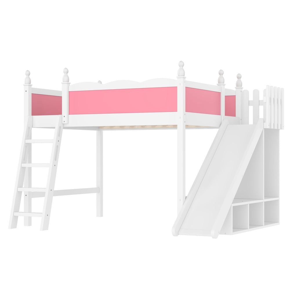 English Elm Full Loft Bed With Detachable Slide, Storage Shelves, And Cabinet In Pink & White – Fun & Functional! W1580S00245