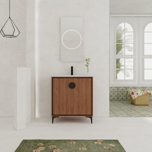 English Elm 30 LEVISTAR Bathroom Vanity with Drop-In Ceramic Sink, 2-Door Engineered Wood Cabinet, Brown, 30" W1972S00002