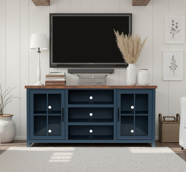 English Elm 67 Inch TV Stand Console Modern Farmhouse Two-Tone Jasmine Barnwood Finish Fully Assembled Storage and Cable Management for TVs Up to 80 Inches Blue B108P160177