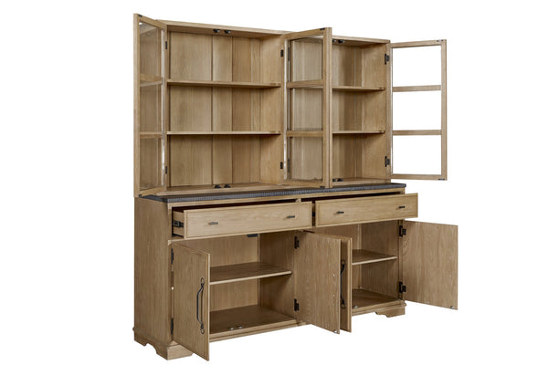 English Elm 2 Piece Cabinet Hutch and Buffet Cashew — Solid Wood + MDF, Concrete Top, Framed Glass Display, Ample Storage Light Tan 75.25 L x 22.75 W x 42 H B2699S00094