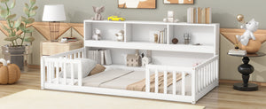 English Elm Twin Floor Bed with Built-In Bedside Bookcase and Shelves, Space-Saving Design with Guardrails White W504142771