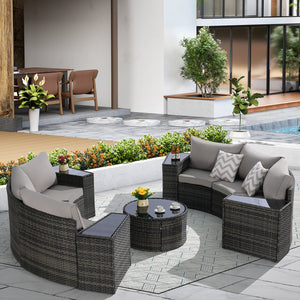 English Elm Outdoor Half Moon Sectional Sofa Set with Woven Rattan Frame and Tempered Glass Table Light Gray W874S00046