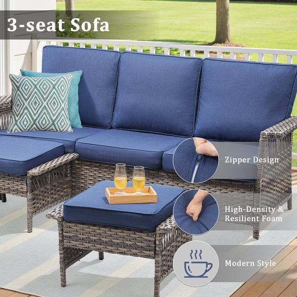 English Elm Outdoor Handwoven Pe Wicker Ottoman Set Patio Footrests with Weather Resistant Cushions Blue T3773P416503