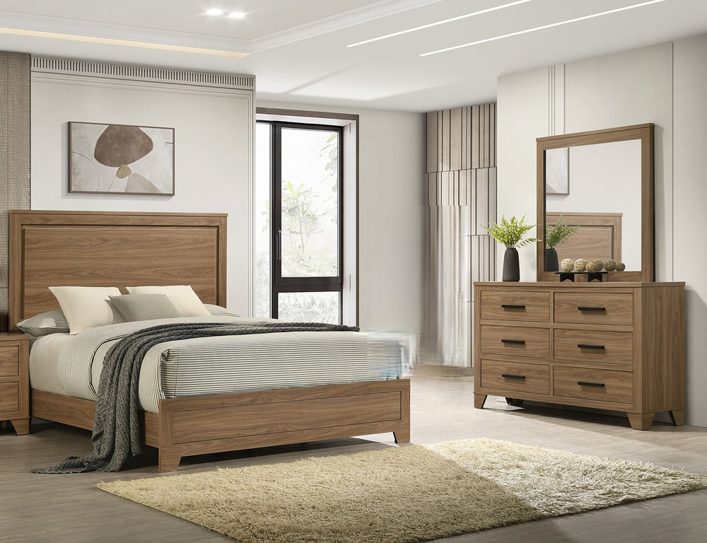 English Elm Walnut Finish 3 Piece Full Bedroom Set with Panel Bed Dresser and Mirror Transitional Wood B2741S00904
