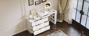 English Elm Vanity LED Mirror Desk with Flip-Top Dual Function, 7 Drawers & Multiple Shelves for Organized Glam White 32.28 L x 19.69 W x 8.86 H N733S363650K