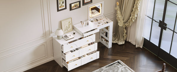 English Elm Vanity LED Mirror Desk with Flip-Top Dual Function, 7 Drawers & Multiple Shelves for Organized Glam White 32.28 L x 19.69 W x 8.86 H N733S363650K