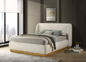 English Elm 1pc Queen Platform Bed Boucle Wingback Headboard Gold Plinth Base Modern Bedroom B2741S00839