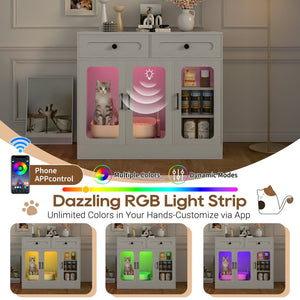 English Elm Cat Litter Box Cabinet with Glass Doors Led Light Drawers and Wood Grain Finish Gray N704P395520E