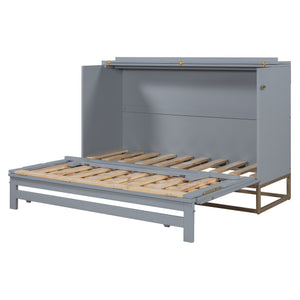 English Elm Murphy Queen Wall Bed with Frosted Glass Cabinet Facade Gold Legs Pine Frame Gray N820S00028E