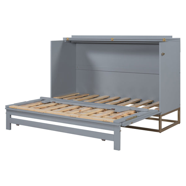 English Elm Murphy Queen Wall Bed with Frosted Glass Cabinet Facade Gold Legs Pine Frame Gray N820S00028E