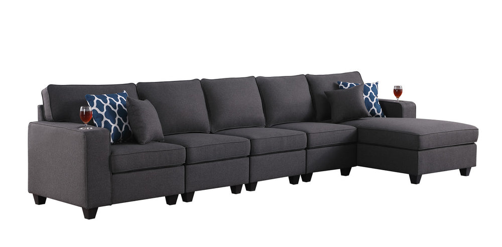 English Elm Cristiano Five Piece Linen Sectional Sofa with Chaise and Built in Cupholders B2749S00108