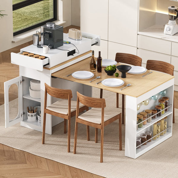English Elm [video] Trexm Folding Bar Height Kitchen Island with Storage Drawers and Built-in Power Outlet XW000028AAK