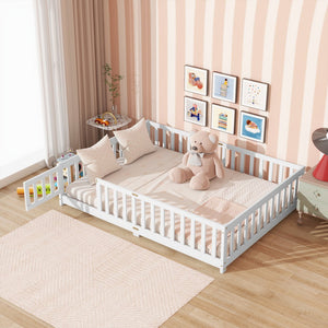 English Elm Full Size Floor Bed With Safety Guardrails & Convenient Door, Eco-Friendly Rubberwood Design In White W504P286379