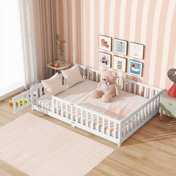 English Elm Full Size Rubberwood Floor Bed with Safety Guardrails and Latching Door for Toddlers White W504P429297