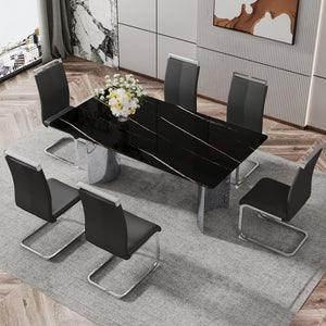 English Elm Table With Glass Top & 6 Black Pu Chairs - Modern Marble Design, Stainless Steel Legs, Easy Clean W1151S02608-GIGA