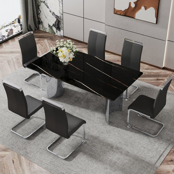 English Elm Table With Glass Top & 6 Black Pu Chairs - Modern Marble Design, Stainless Steel Legs, Easy Clean W1151S02608-GIGA