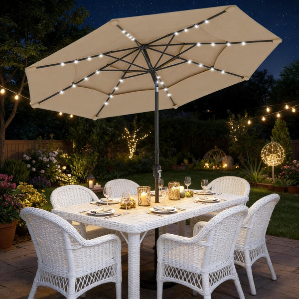 English Elm Garden Cantilever Patio Umbrella with Solar Led Lights and Upf30 Polyester Canopy Khaki T3971P481922