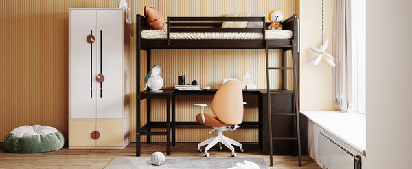 English Elm Twin Loft Bed with Built-in Desk and Open Shelves Solid Pine Kids Study Sleep Espresso LT001537AAP-1