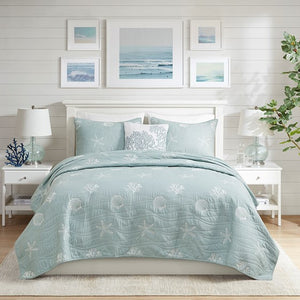 English Elm 4 Harbor House Seaside Cotton Percale Reversible Quilt Set with Embroidered Starfish and Shells, Full/Queen Aqua 20.87 L x 16.93 W x 11.81 H B03595791