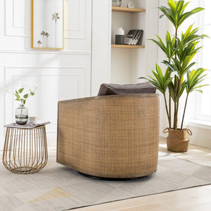 English Elm Swivel Barrel Chair Plush Leather Accent Seat with 360° Metal Base, Sturdy Hardwood Frame, 300lb Capacity Brown W395102739