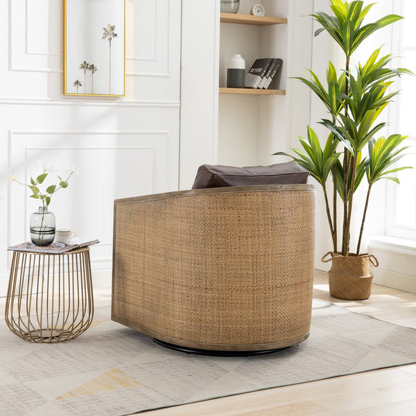 English Elm Swivel Barrel Chair Plush Leather Accent Seat with 360° Metal Base, Sturdy Hardwood Frame, 300lb Capacity Brown W395102739