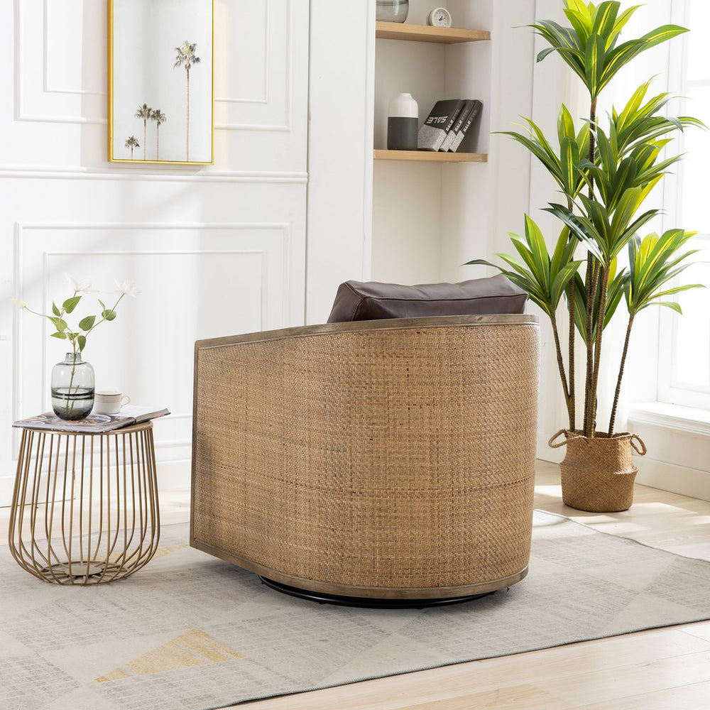 English Elm Swivel Barrel Chair with Plush Foam Upholstery, 360° Metal Base, Sturdy Hardwood Frame, Cozy Lounge Seat Brown W395102739
