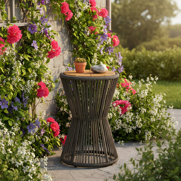 English Elm Outdoor Acacia Wood Top Side Table Woven Rope Iron Frame Hourglass Patio Accent N770P354691D
