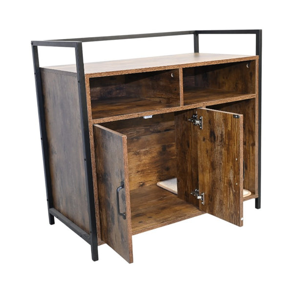 English Elm Rustic Wooden Cat Litter Box Enclosure with Scratching Mat, Rustic Brown Industrial Cat Hideaway 31.9"x17.7"x31.4" W1412P271588