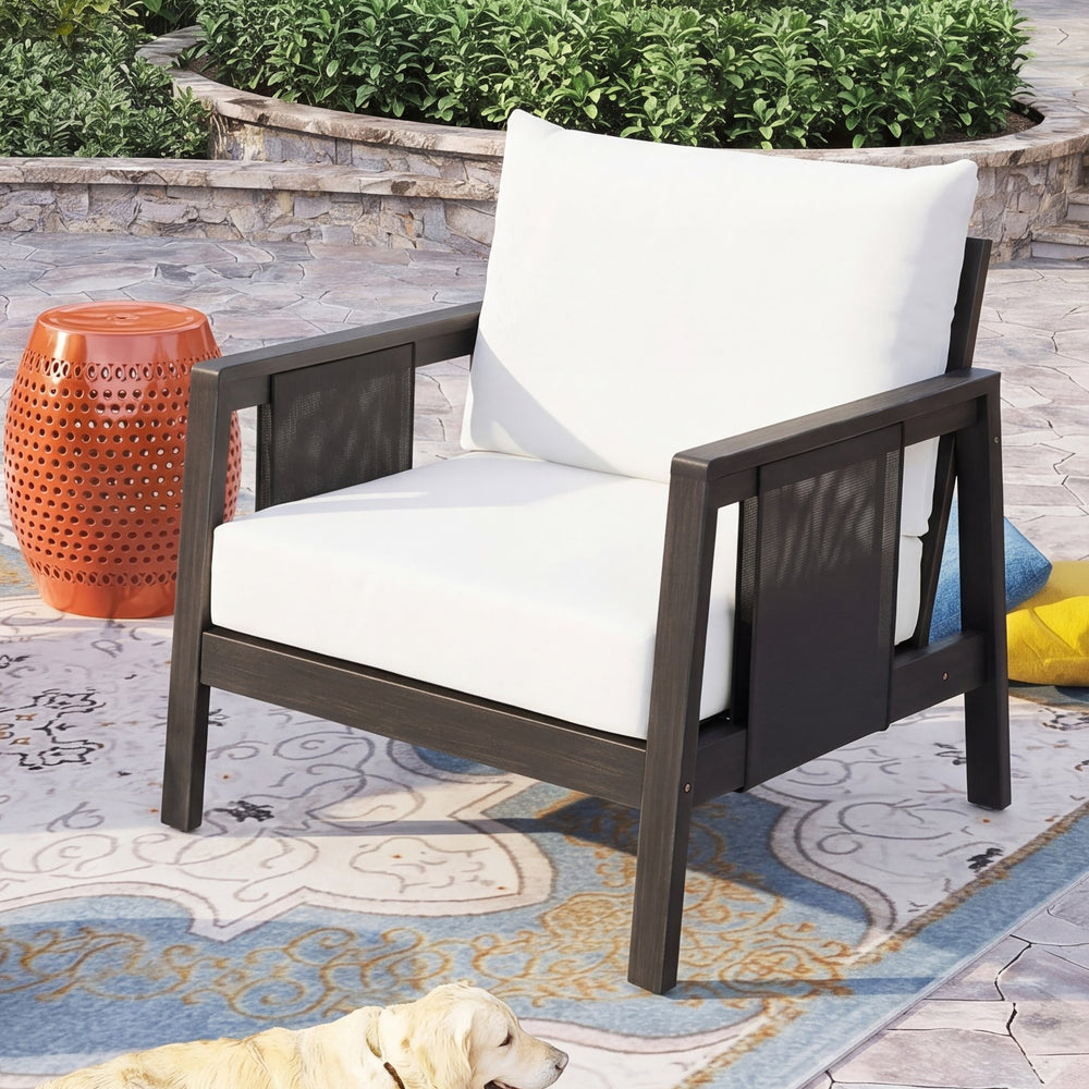 English Elm Outdoor Acacia Wood Club Chair Uv Resistant Textilene Weave Lounge Seat for Patio Deck Dark Grey,White+Black N768P368823D