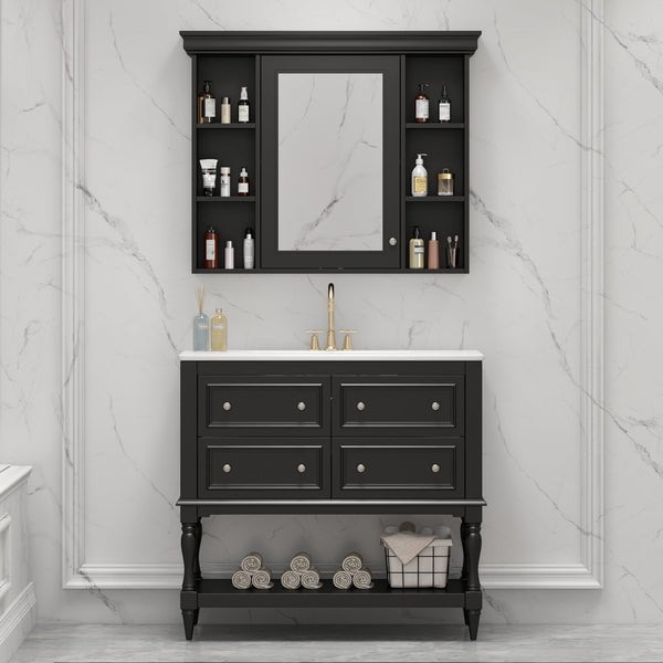 English Elm 36'' Modern Bathroom Vanity with Ceramic Sink and Medicine Cabinet, Solid Wood Frame, 4 Drawers, Waterproof Finish Black SW000138AAB-1