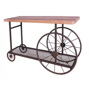 English Elm Oak Industrial Sofa Table with Antique Gray Shelf, Wood Top, Metal Frame & Wheels for Stylish Storage B062P189205