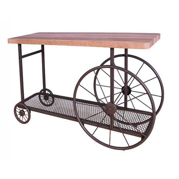 English Elm Oak Industrial Sofa Table with Antique Gray Shelf, Wood Top, Metal Frame & Wheels for Stylish Storage B062P189205