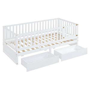 English Elm Twin Pinewood Daybed with Fence Guardrails Splits Into Two Floor Beds Storage White LP100881AAK