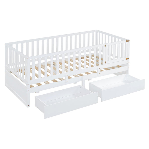 English Elm Twin Pinewood Daybed with Fence Guardrails Two Storage Drawers and Split Floor Bed White LP200881AAK